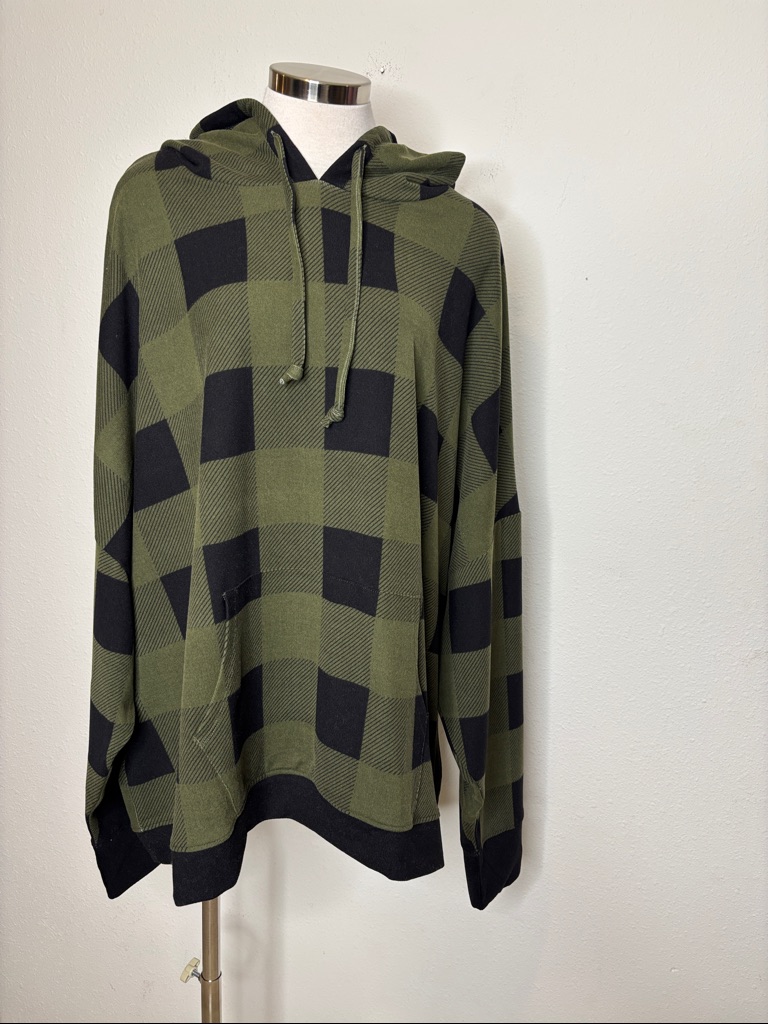 Belle By Kim Gravel Size 3x Olive Green And Black Plaid Hooded Sweatshirt